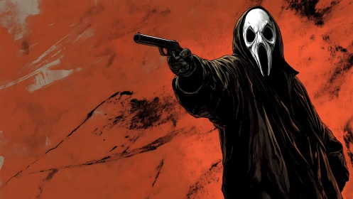 Masked gunman in plague-doctor hood aims pistol on distressed red field