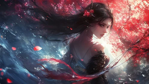 Mystical woman amid red blossoms and swirling water.