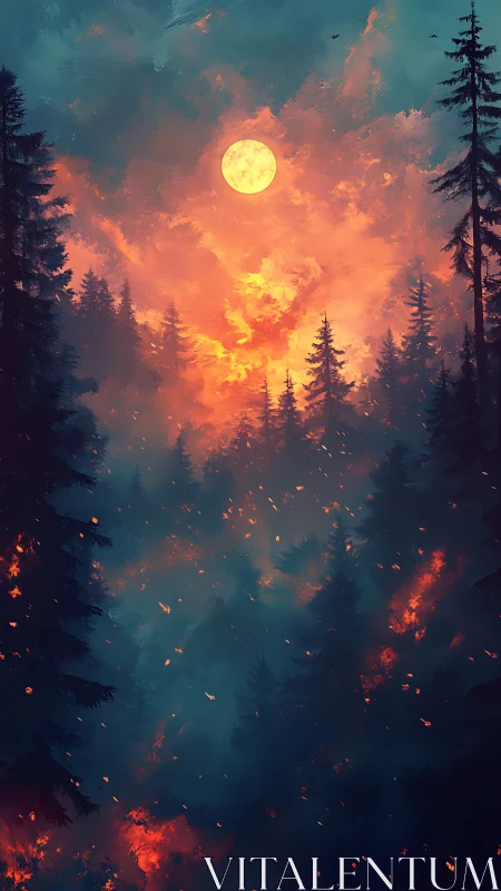 Luminous Moon Dominates Burning Forest Landscape.