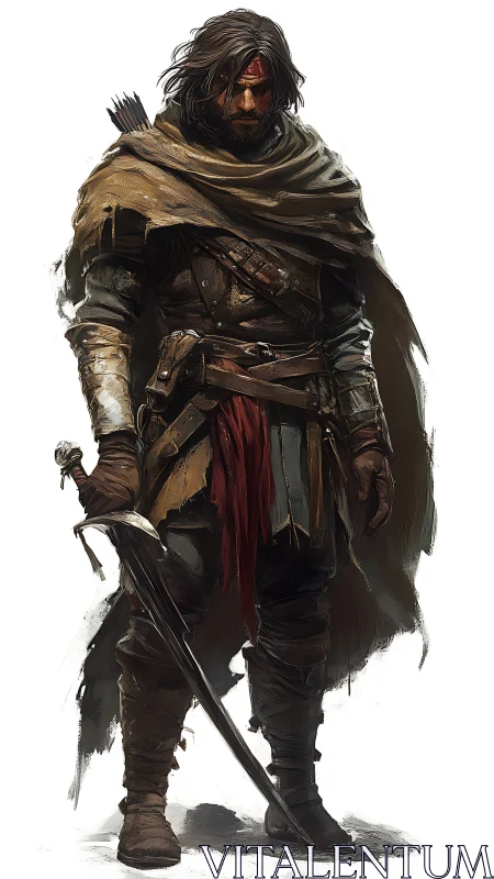 Battle-worn fantasy ranger in layered leather armor.