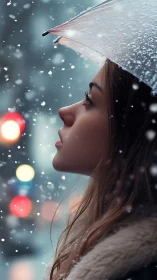 Quiet city snowfall with reflective girl under umbrella.