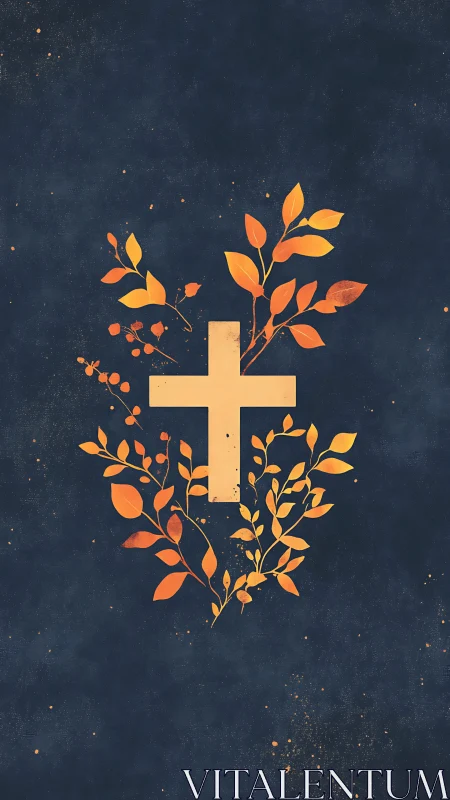 Minimalist gold cross with autumn foliage on textured navy field