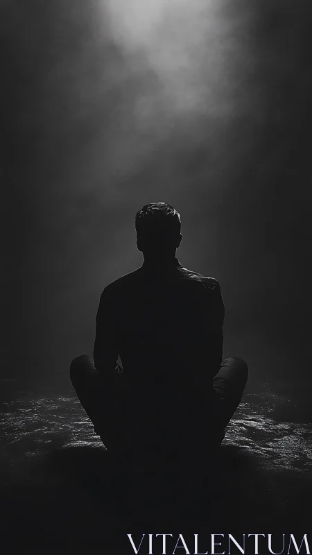 Backlit seated silhouette under axial spotlight diffusion.