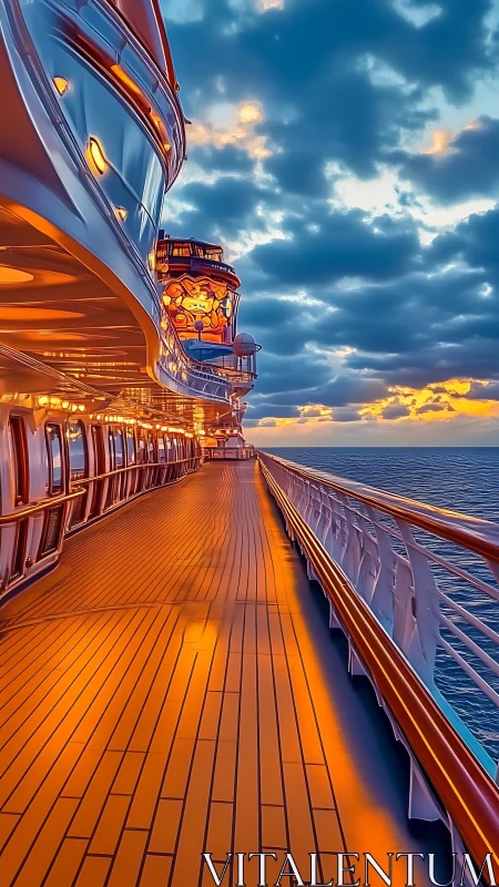 Sunlit cruise ship promenade glows against a dreamy sunset sky