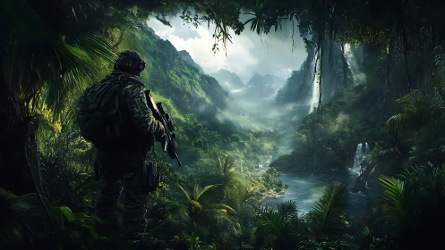 Digital painting of tactical soldier surveying misted jungle valley.