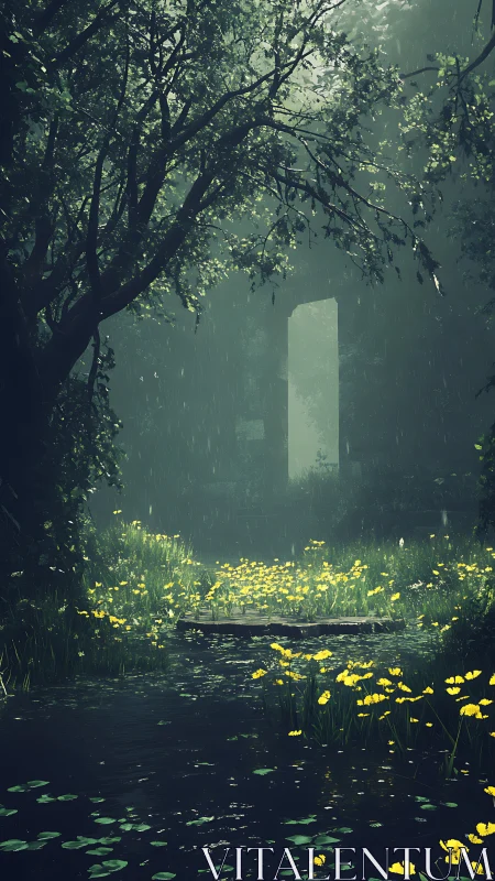 Rain-soaked ruin gateway illuminates verdant marsh flora