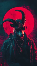 Cool horned goat humanoid in neon red moon glow.