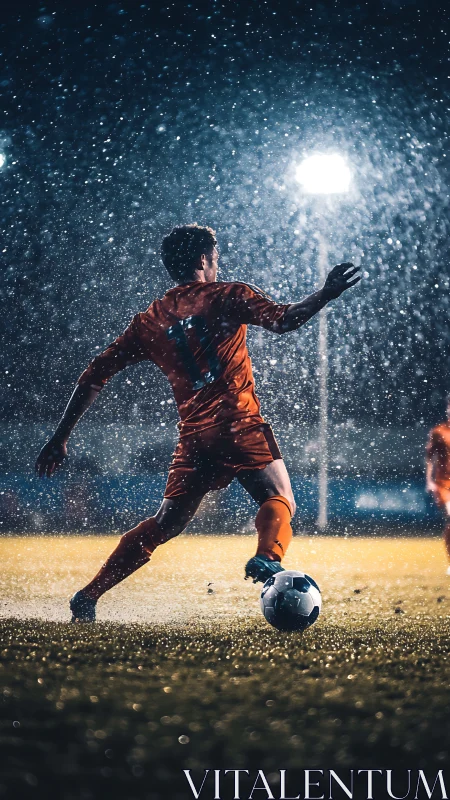 Rainstorm floodlights sculpt a striker mid kick into myth