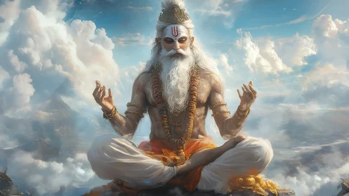 Meditating sage figure seated above clouds in sky scene.