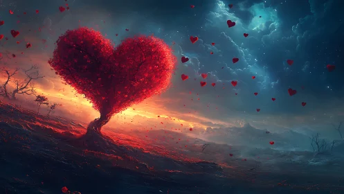 Heart-Shaped Tree Erupts with Luminous Particle Cascade Against Dual Sky.