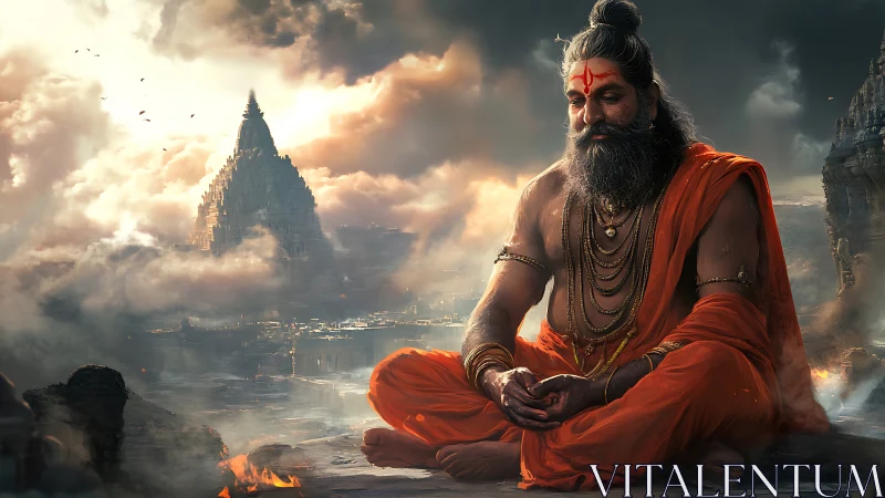 Meditating sage overlooks mythic temple city amid storm clouds
