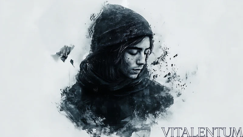 Solitary hooded portrait in monochrome ink dispersion.