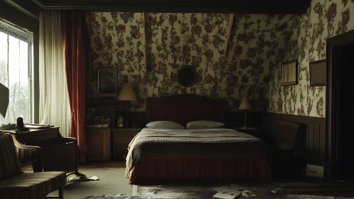 Dimly lit vintage bedroom with floral patterned walls.