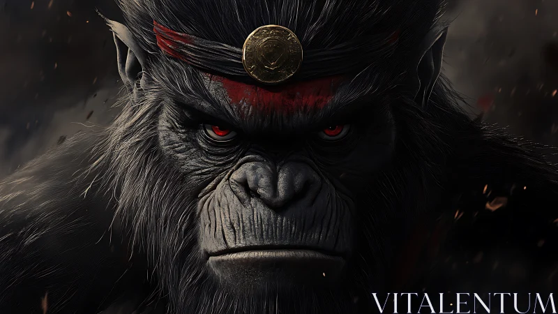 Fierce warrior ape with burning red gaze in smoky dusk.
