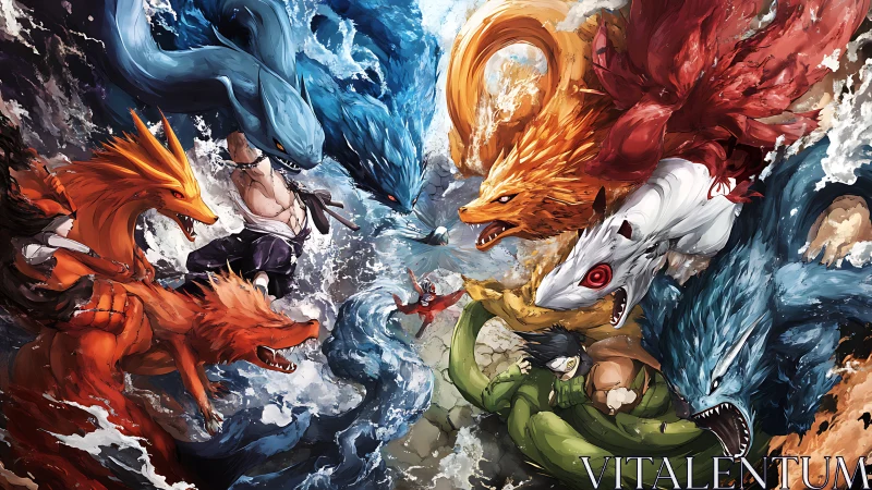 Elemental tailed beasts collide in swirling ocean vortex.