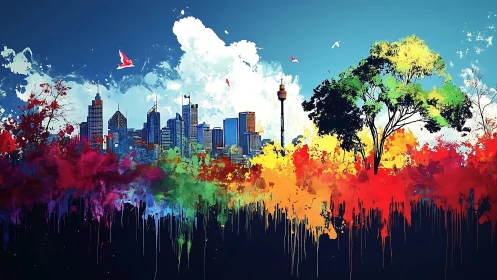 Vibrant city skyline framed by colorful abstract trees.