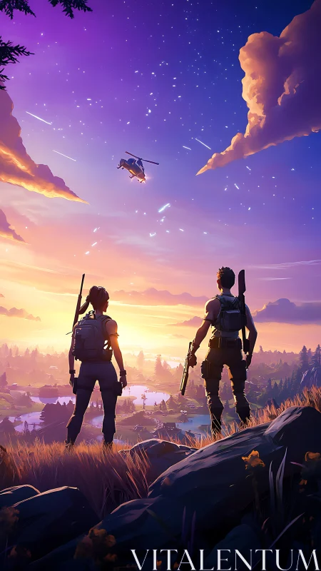 Sunset battle royale duo watching helicopter fly overhead.