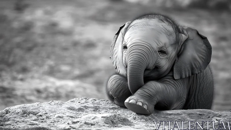 Baby elephant lounges on rocky ledge in tender grayscale glow.