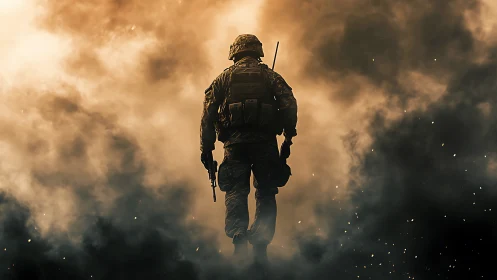Photorealistic soldier silhouette in cinematic battle smoke field.