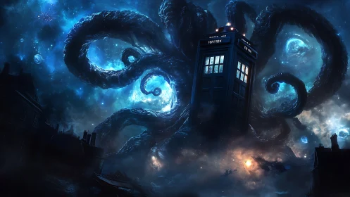 Blue police box seized by giant cosmic tentacled monster.
