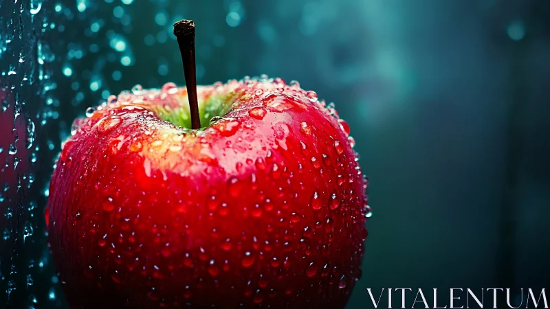 Single wet red apple is shown in close-up against dark background