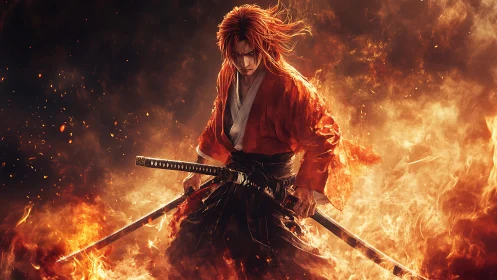 Firelit samurai warrior poised between calm and chaos.