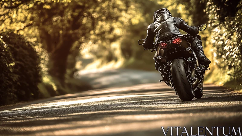 Sunlit country ride with a lone motorcyclist in motion.