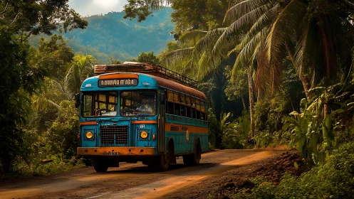 Old blue bus moves along a rural dirt road in forest
