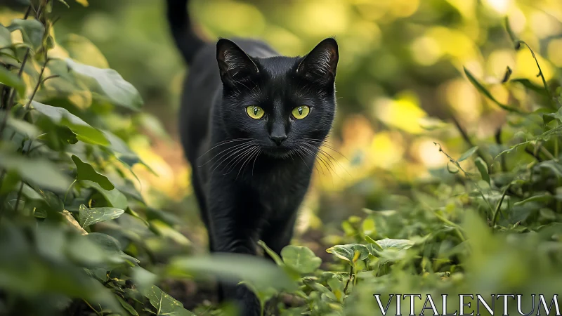 Black Cat with Luminous Eyes Navigates Verdant Garden Foliage