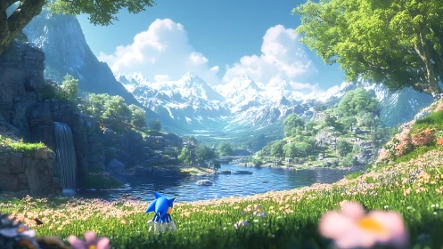 Blue hedgehog overlooking bright mountain lake valley.