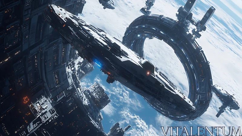 Orbital carrier docks within luminous circular space gate.
