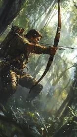 Archer draws a longbow in a rain-soaked, backlit jungle clearing