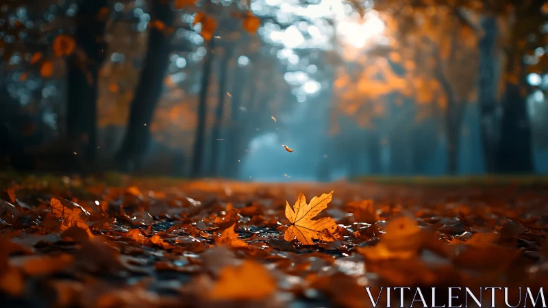 Single maple leaf on forest path in soft autumn light.