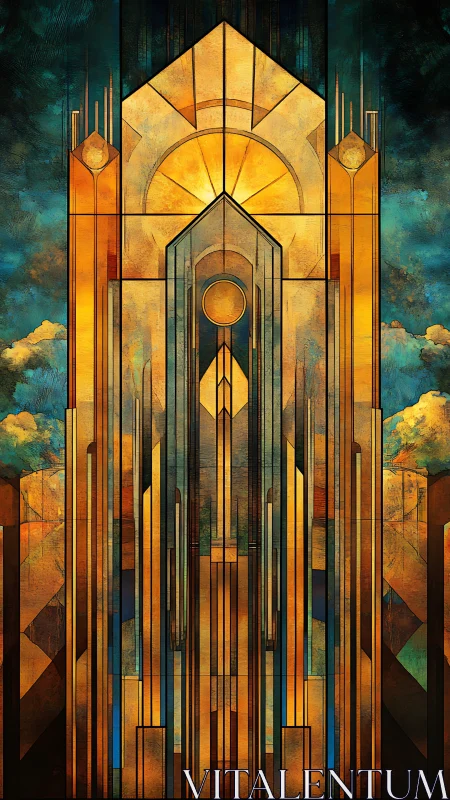 Art Deco celestial tower with stained glass geometry.