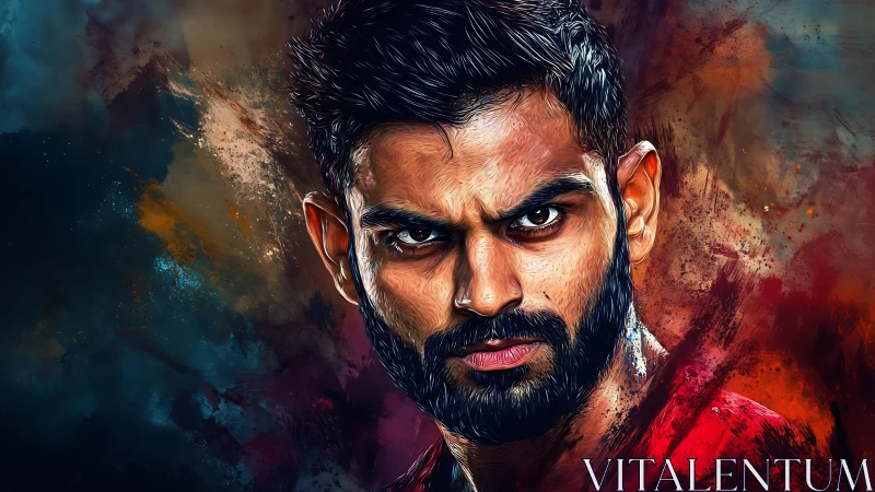 Intense male portrait ignites dynamic abstract color storm.