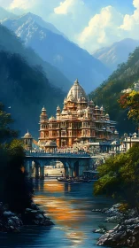 Mountain temple city above river bathed in golden light.