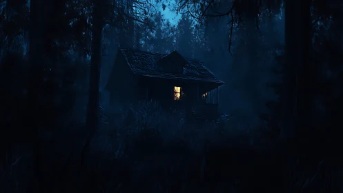 Isolated forest cabin glows under deep nocturnal blue haze.