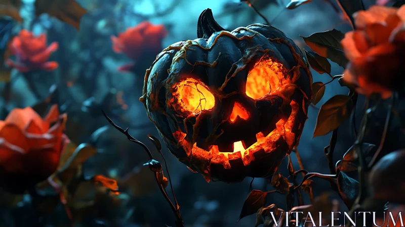 Glowing jack o lantern smiles among dreamy midnight roses.
