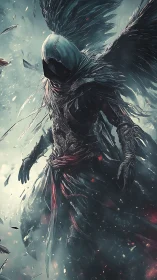 Hooded dark seraph descends through shattered ethereal sky.