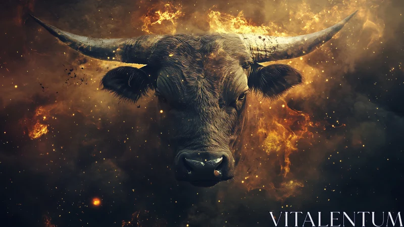 Mythic bull portrait in cosmic inferno composition digital painting.