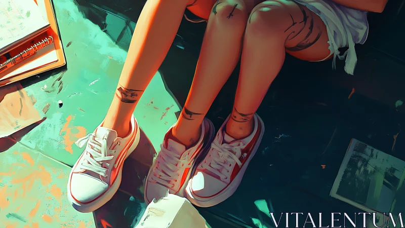 Youthful legs in red sneakers on teal painted studio floor.