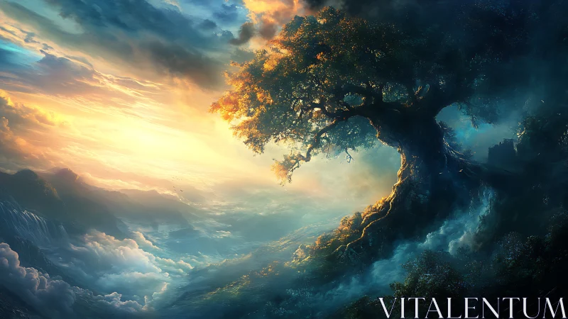 Ancient luminous world tree above a glowing cloud horizon.