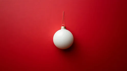 Matte white bauble suspended on uniform red background surface