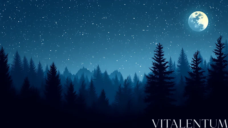 Moonlit forest silhouette beneath starlit sky.