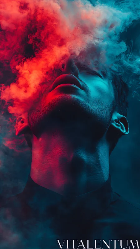 Male portrait with colored smoke obscuring upper face.