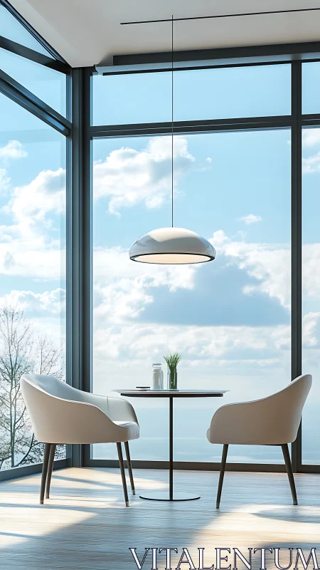 Minimalist glass-walled seating area overlooks bright sky