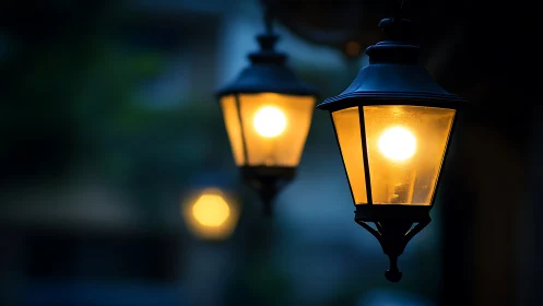 Lantern duet pouring warm gold into deep blue dusk.