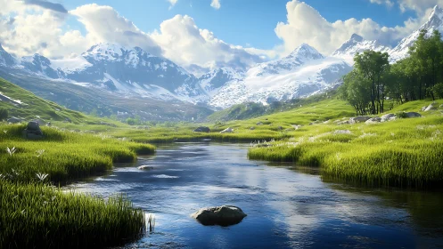 Mountain valley river extends through grassy terrain below peaks