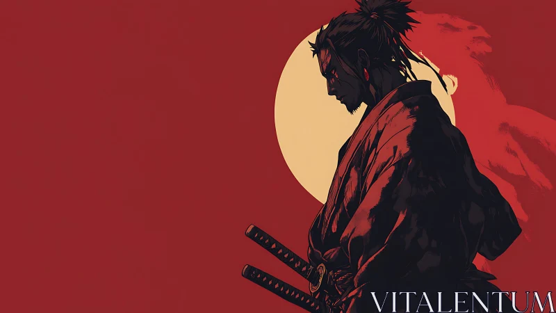 Samurai silhouette aligns against minimalist blood-red sun