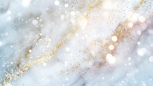 Iridescent marble surface glows with drifting golden bokeh